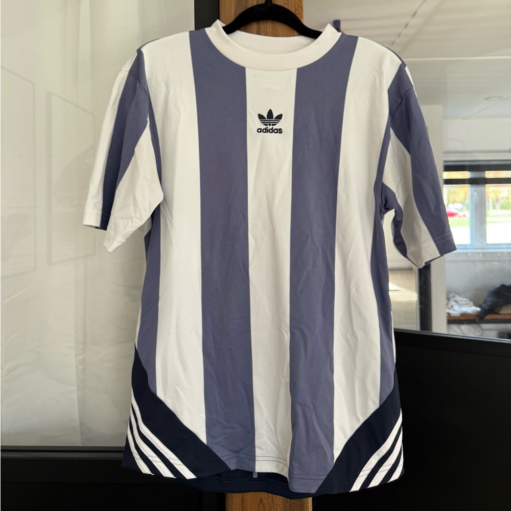 Adidas Women's Navy and White Striped Soccer Jersey